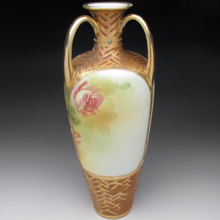 ノリタケ オールドノリタケ 茶地金盛りジュール薔薇絵 花瓶 29cm 