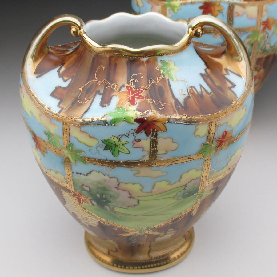 ノリタケ オールドノリタケ 金盛りオランダ風景絵 ペア花瓶 