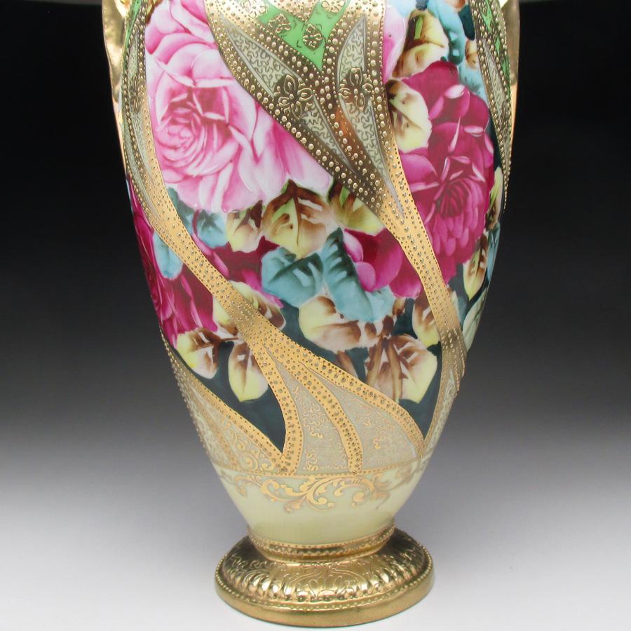 ノリタケ オールドノリタケ 金盛り薔薇絵 花瓶 32cm : アンティーク