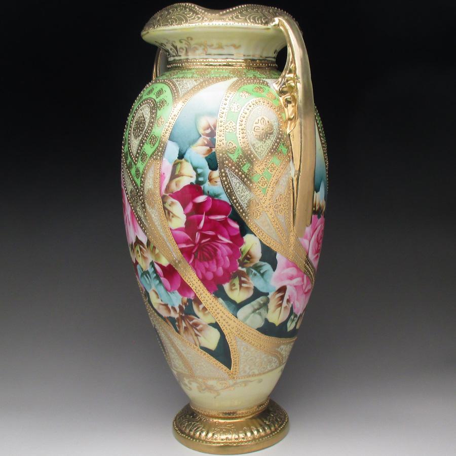 ノリタケ オールドノリタケ 金盛り薔薇絵 花瓶 32cm : アンティーク