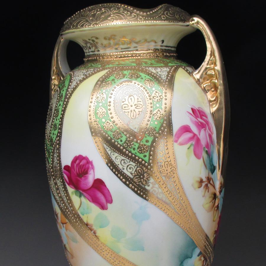 ノリタケ オールドノリタケ 金盛り薔薇絵 花瓶 32cm : アンティーク
