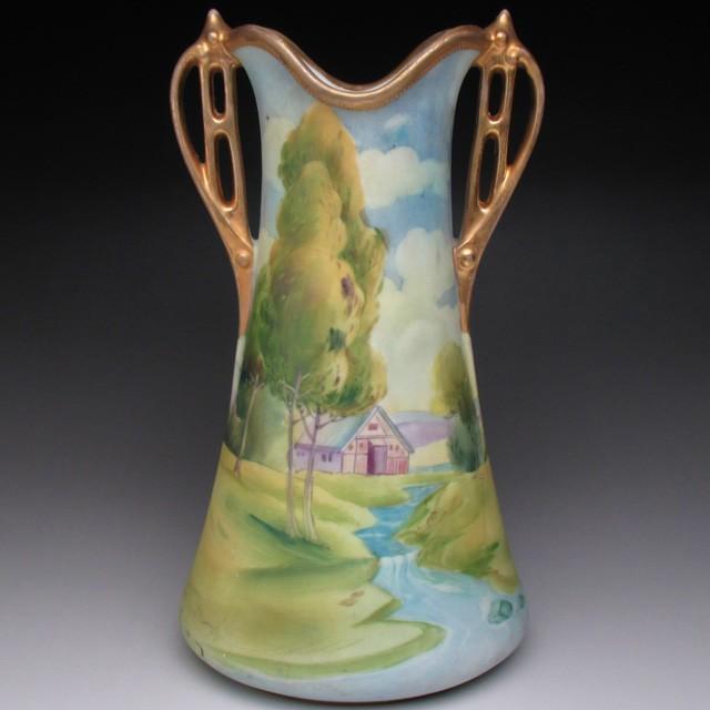 ノリタケ オールドノリタケ 田園風景絵 花瓶 壺 23cm : アンティーク 