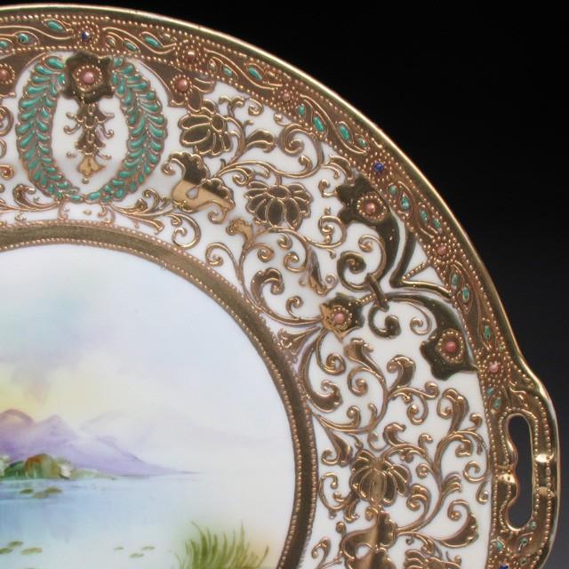 ノリタケ オールドノリタケ 金盛りエナメルジュール湖畔風景絵 ノリタケ オールドノリタケ 金盛りエナメルジュール湖畔風景絵