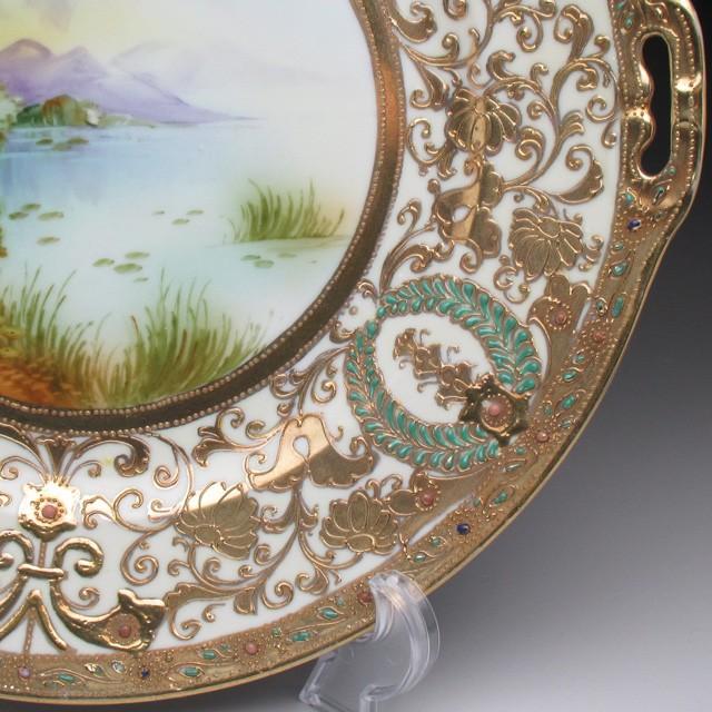 ノリタケ オールドノリタケ 金盛りエナメルジュール湖畔風景絵 ノリタケ オールドノリタケ 金盛りエナメルジュール湖畔風景絵