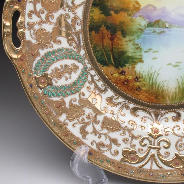 ノリタケ オールドノリタケ 金盛りエナメルジュール湖畔風景絵 ノリタケ オールドノリタケ 金盛りエナメルジュール湖畔風景絵