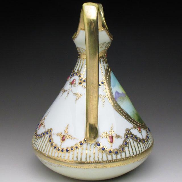オールドノリタケ 金盛りエナメルジュール風景絵 大ハンドル付花瓶 