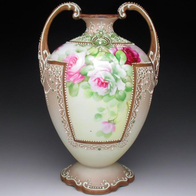 ノリタケ オールドノリタケ 盛り上げエナメルジュール薔薇絵 花瓶 22cm