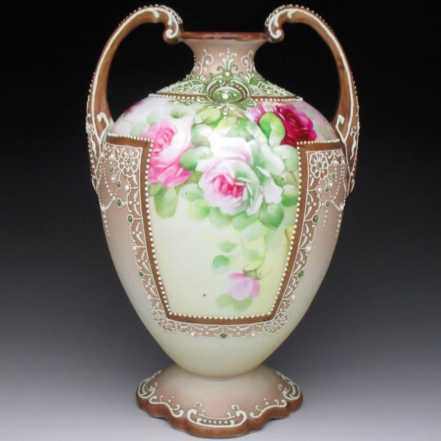 オールドノリタケ 盛り上げエナメルジュール薔薇絵 花瓶 22cm : no642 