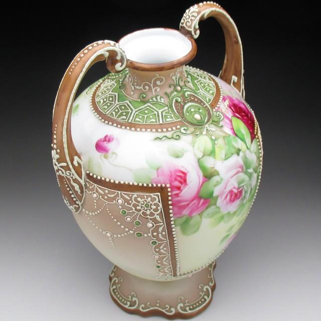オールドノリタケ 盛り上げエナメルジュール薔薇絵 花瓶 22cm : no642 