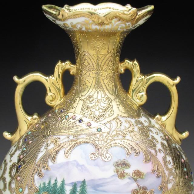 オールドノリタケ 金盛りエナメルジュール蝶湖畔風景絵 花瓶 25cm