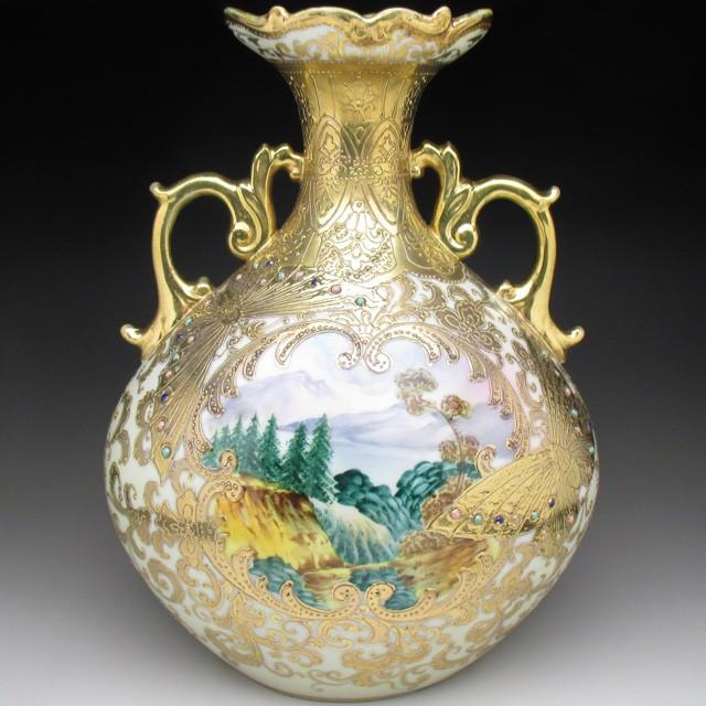 オールドノリタケ 金盛りエナメルジュール蝶湖畔風景絵 花瓶 25cm