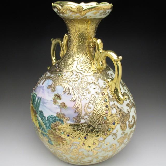 オールドノリタケ 金盛りエナメルジュール蝶湖畔風景絵 花瓶 25cm