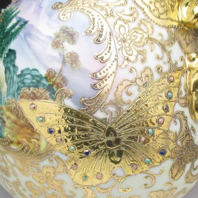 オールドノリタケ 金盛りエナメルジュール蝶湖畔風景絵 花瓶 25cm
