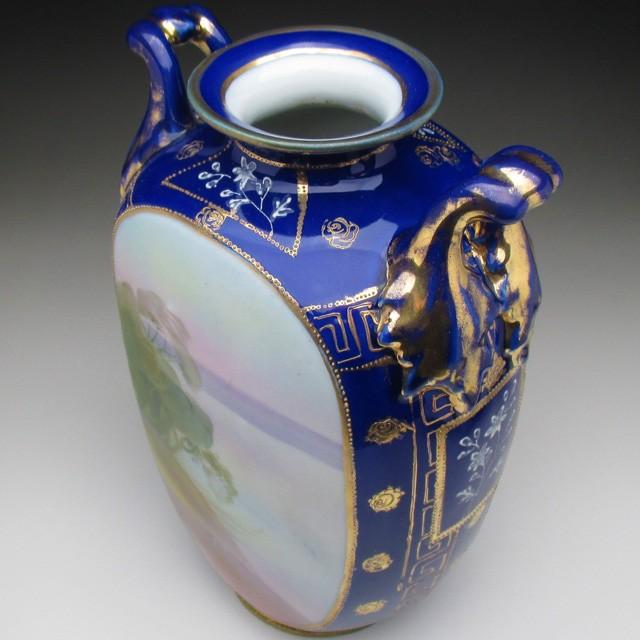 オールドノリタケ　コバルト　金盛　六角　花瓶 ノリタケ オールドノリタケ コバルト金盛り水鳥絵 花瓶 22cm