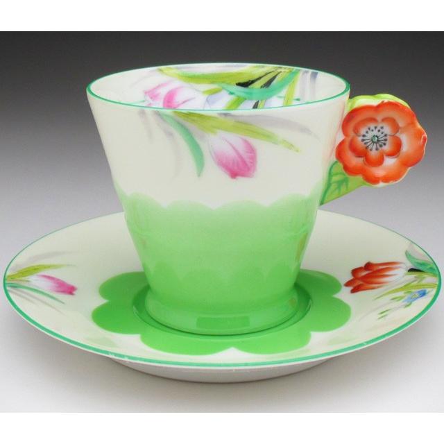 オールドノリタケ グリーン地花絵フラワーハンドル カップ&ソーサー&プレート (a) 食器、グラス、カトラリー モービル 銅 ブレゼール 2153.36 360×210mm 9-0036-0802