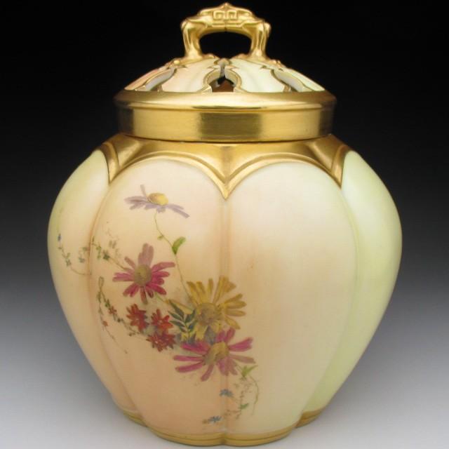 ロイヤルウースター 金彩草花絵 香炉 ポプリ アンティーク 1894年
