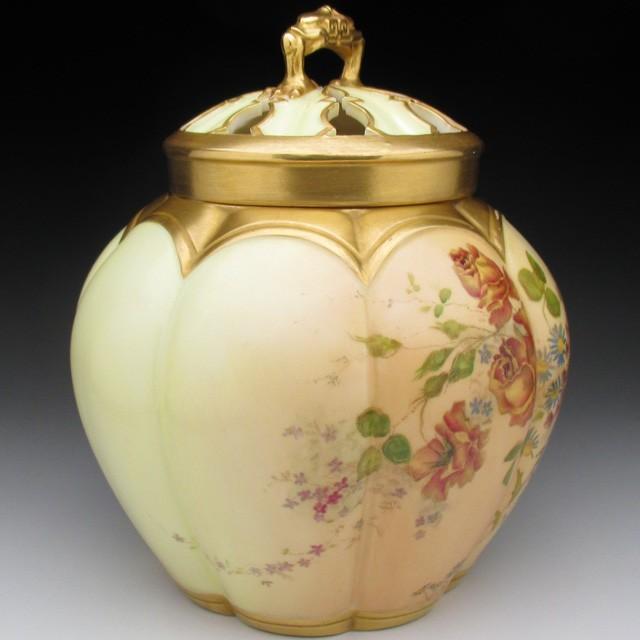 ロイヤルウースター 金彩草花絵 香炉 ポプリ アンティーク 1894年