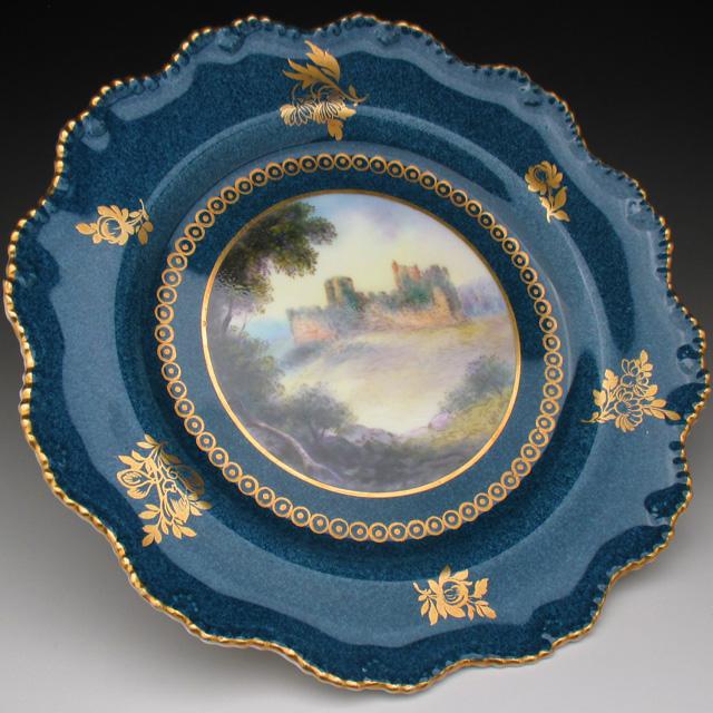 ロイヤルウースター 藍地金彩古城風景絵 プレート 22cm アンティーク 