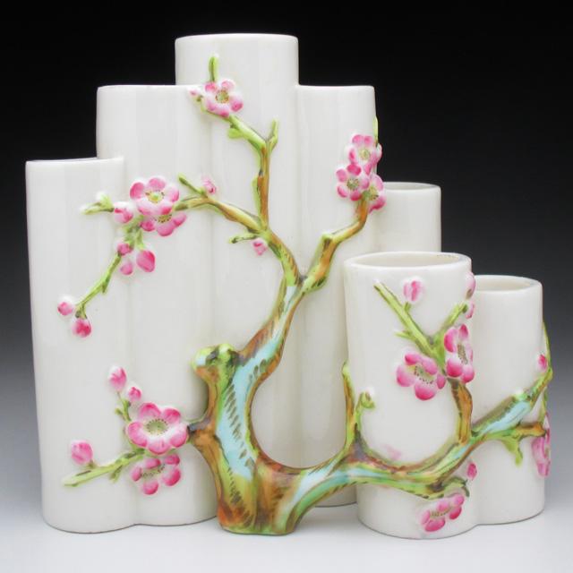 ロイヤルウースター 梅貼り花枝 連管花瓶 アンティーク 1880年