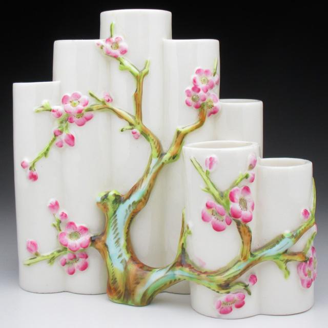 ロイヤルウースター 梅貼り花枝 連管花瓶 アンティーク 1880年 