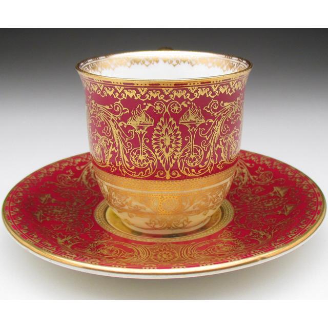 英国製 worcesterボタニカル❁﻿リースと金彩の美しいプレート大 ROYAL WORCESTER ロイヤルウースター レッド地金彩花束絵 カップ