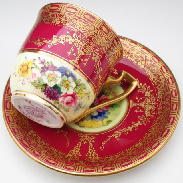 ROYAL WORCESTER ロイヤルウースター ワインレッド地金彩花束絵 カップ