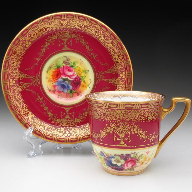 ROYAL WORCESTER ロイヤルウースター ワインレッド地金彩花束絵 カップ 