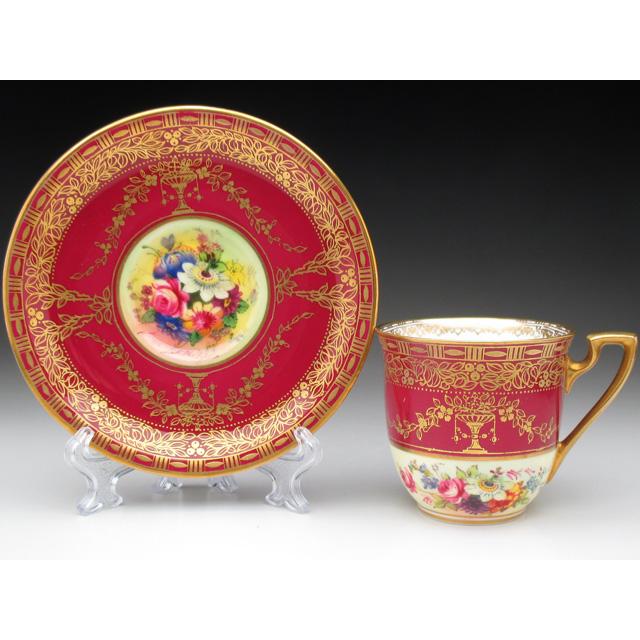 ROYAL WORCESTER ロイヤルウースター ワインレッド地金彩花束絵 カップ 