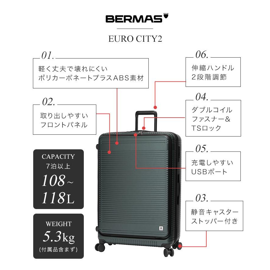 キャリーケース 7泊8日 8泊100l以上 リットル bermas 60298 スーツケース バーマス 海外 国内 旅行 フロントオープン USBポート 静音 軽量_5