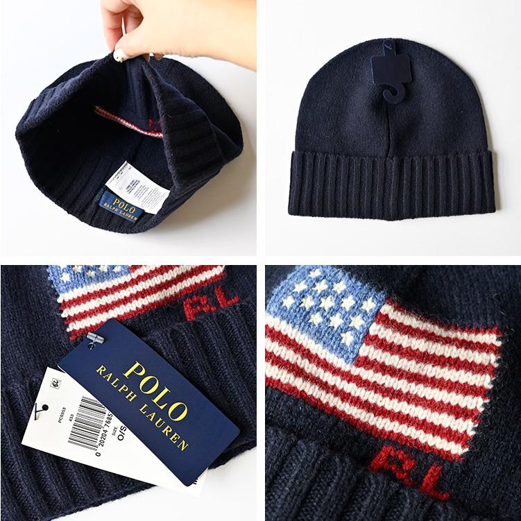 【極美品】ポロラルフローレン 星条旗 ポンポン ニット帽 ネイビー×ホワイト POLO RALPH LAUREN（ポロ・ラルフローレン） ニット帽 レディース