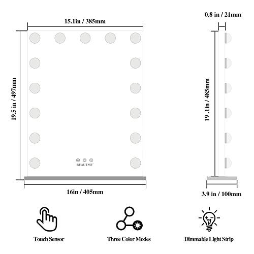 BEAUTME 女優ミラー 化粧鏡 ハリウッドミラー メイク 鏡 卓上 壁掛け 2way 15個のLEDライト付き 三色点灯モード 無段階調光 壁掛け この大型ハリウッドミラーは 上半身を完璧に映し出すことができる完璧な大サイズ 5cm です