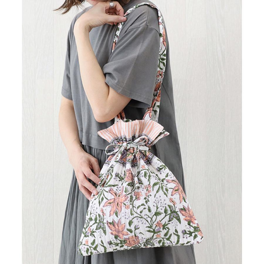 チチカカ Via India ブロックプリントキルト巾着トートバッグ