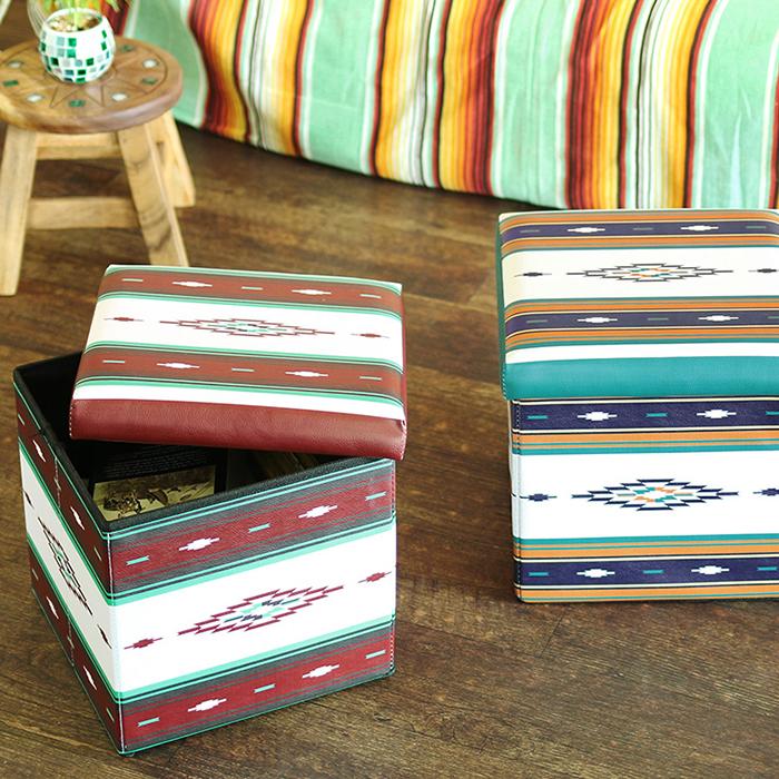 スツール 収納ボックス 椅子 チェア オットマン オルテガ柄 幾何学模様 折り畳み コンパクト エスニック ネイティブ 収納