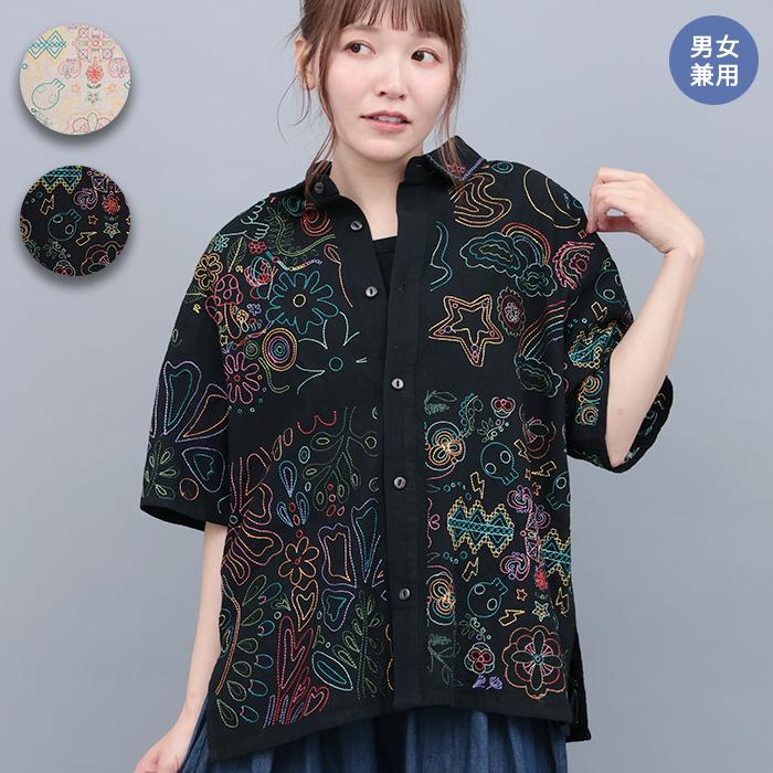 刺繍入りコットンシャツ チチカカ（TITICACA） go slow caravan コットンリネンスクエア刺繍