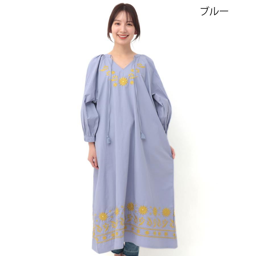 Shanti Shanti ミラーワーク風刺繍ワンピース【WEB限定】 ／ ロングワンピース レディース 春 夏 秋 半端袖 ボリューム袖 ふんわり ボタニカル インド綿 ns｜titicaca-y｜14