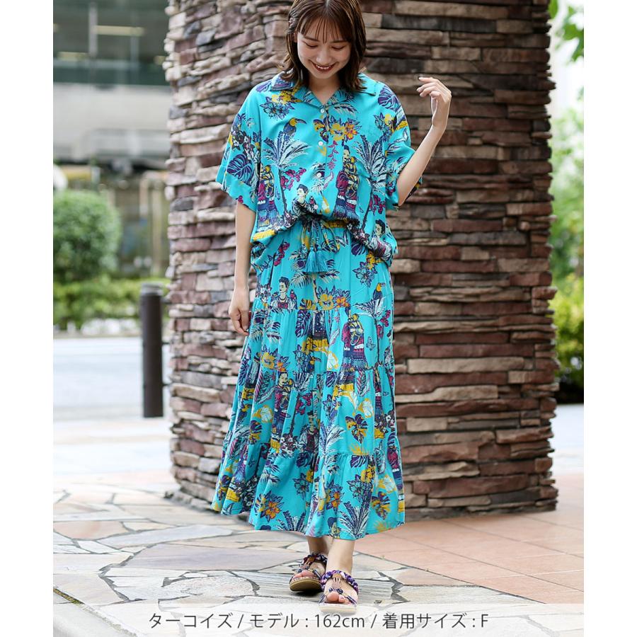 ターコイズブルー 花柄 ロングシャツ/ジャケット半袖 ターコイズブルー 花柄 ロングシャツ/ジャケット半袖