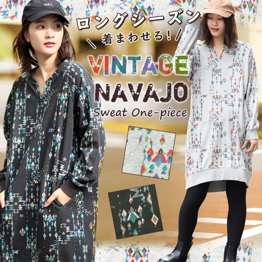ワンピース チュニック レディース 秋 冬 春 長袖 膝丈 スウェット キーネック Vネック ゆったり ヴィンテージナバホスウェットワンピース Jscba013 チチカカ Paypayモール店 通販 Paypayモール