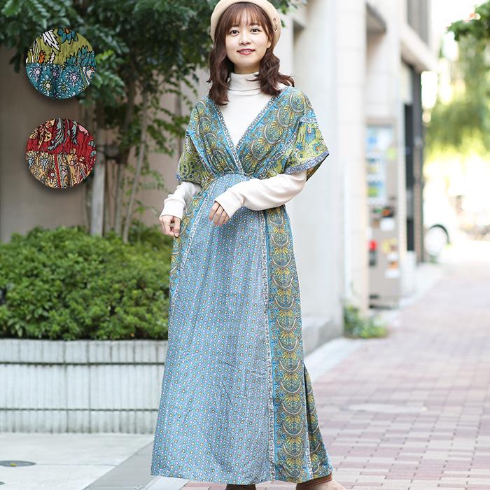 ロングワンピース マキシ丈ワンピース レディース 夏 秋 カシュクール 半袖 綿100 コットン 総柄 花柄 ボタニカルエスニックカシュクール ワンピース Jwica047 チチカカ Paypayモール店 通販 Paypayモール