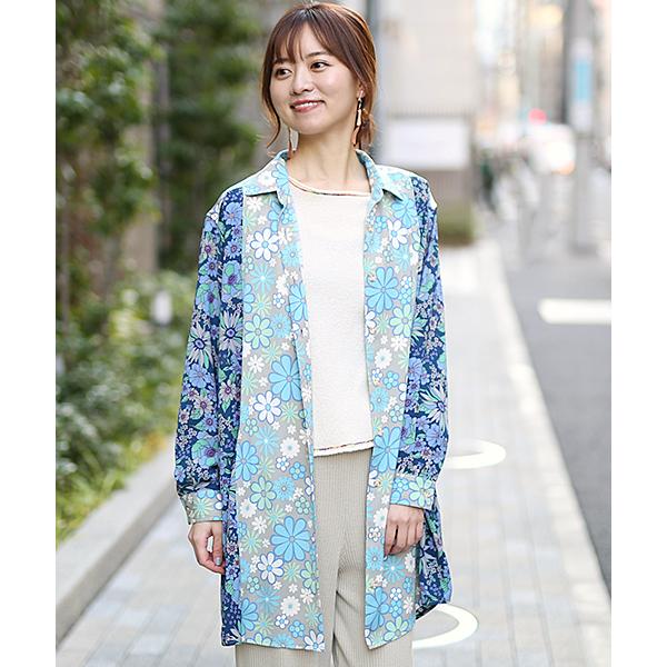 チュニックブラウス、羽織。春の花束 作家手描き INMDS26102(チュニック) 80s COTTON FLOWER BLOCK PRINT BANDED COLLAR