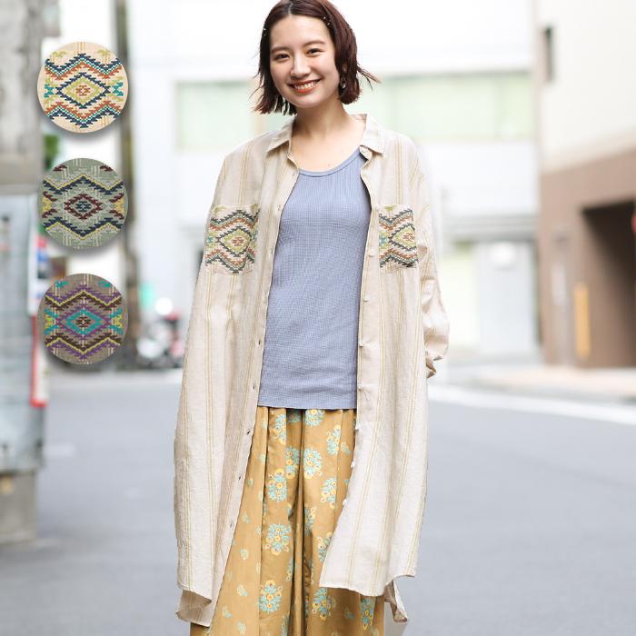 シャツワンピース レディース 羽織もの 春 夏 長袖 刺繍 刺しゅう ストライプ 綿 麻 リネン ネイティブ ストライプ クロス刺繍シャツワンピース Ksjbc158 Ksjbc158 チチカカ Yahoo ショッピング店 通販 Yahoo ショッピング