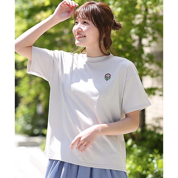 Tシャツ トップス カットソー レディース 春 夏 半袖 シンプル ワンポイント 刺繍 花 フラワー ボトルネック ワンポイントフラワー刺繍Tシャツ ksjbd098｜titicaca-y｜10