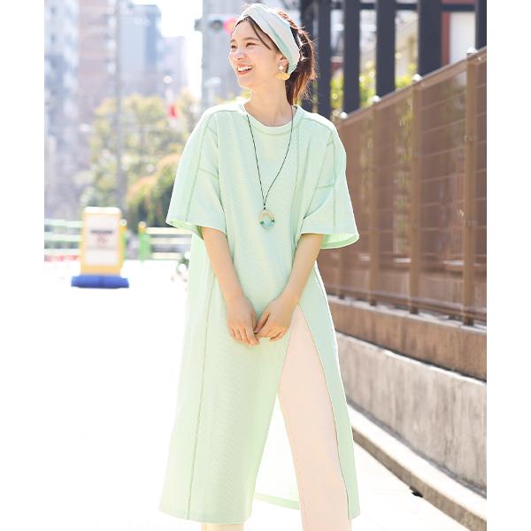 チチカカ スリットワンピース レディース 春 夏 半袖 無地 ステッチ  