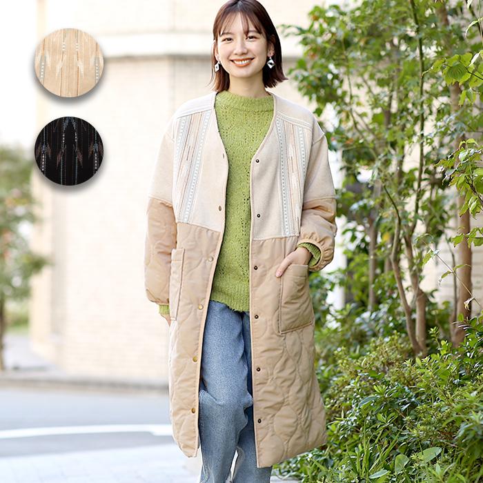 ロングコート キルティングコート ノーカラー アウター レディース 秋 冬 長袖 起毛 スリット スナップボタン 刺繍 キルトコンビチマヨ刺繍コート Kwcbc113 チチカカ Paypayモール店 通販 Paypayモール