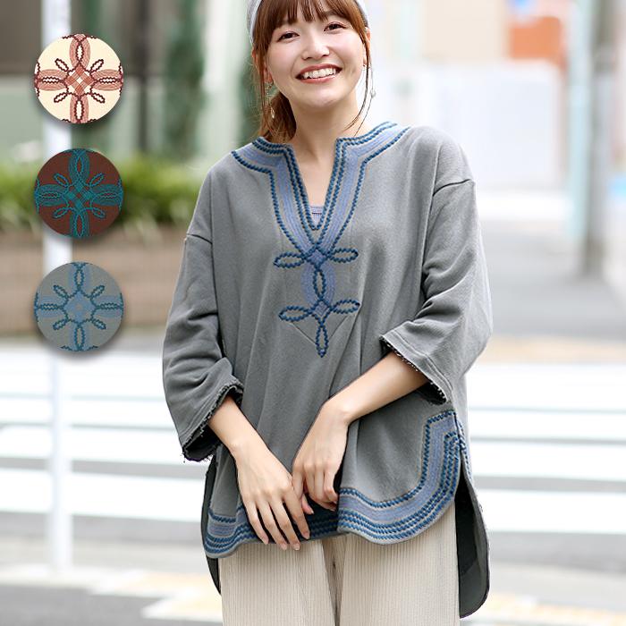 スウェットプルオーバー トップス レディース 秋 冬 春 七分袖 コード刺繍 裏毛 綿100 キーネック ラウンドヘム ソウタシエ刺繍プルオーバー Kwcca011 Kwcca011 チチカカ Yahoo ショッピング店 通販 Yahoo ショッピング