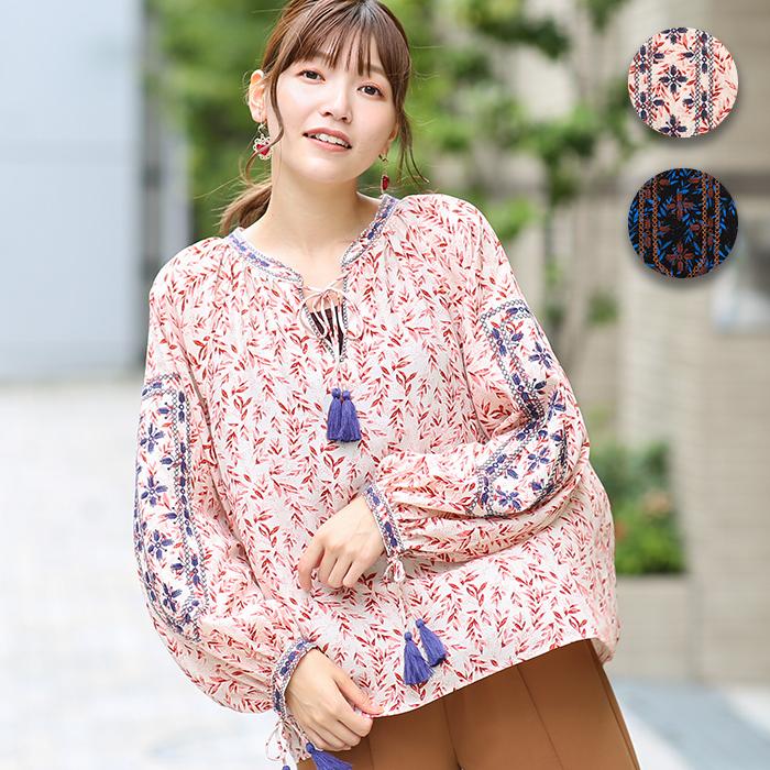 プルオーバー ブラウス トップス レディース 春 秋 長袖 総柄 葉っぱ柄 ボタニカル柄 刺繍 フリンジ キーネック レーヨン リーフプリントプルオーバー Kwjba012 チチカカ Paypayモール店 通販 Paypayモール