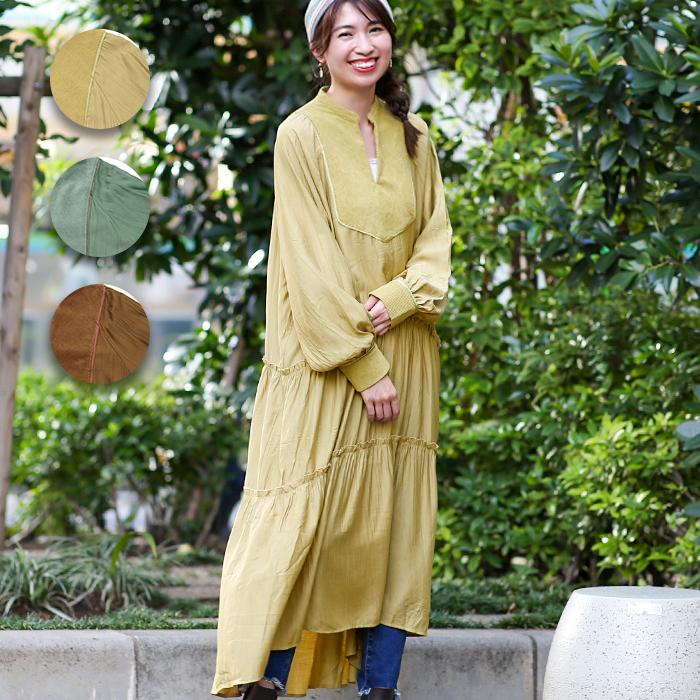 ロングワンピース ティアード レディース 秋 冬 長袖 パフスリーブ シンプル フィッシュテール リンクル しわ加工 ベロア カラーティアードワンピース Kwjca016 Kwjca016 チチカカ Yahoo ショッピング店 通販 Yahoo ショッピング
