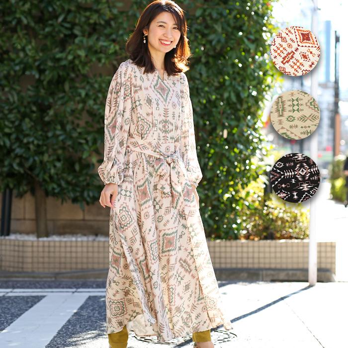 ワンピース レディース 秋 冬 長袖 ボリューム袖 ふんわり袖 キーネック 総柄 幾何学柄 ラグ柄 ワントーン 薄手 ゆったり ラグプリントワンピース Lscba050 Lscba050 チチカカ Yahoo ショッピング店 通販 Yahoo ショッピング