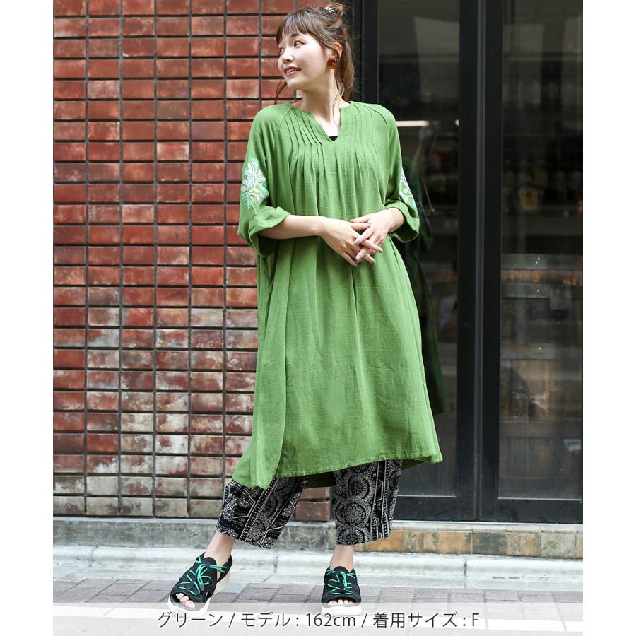 ワンピース レディース 春 夏 半袖 五分袖 折り返し 刺繍 刺しゅう キーネック 麻 リネン 洗濯機で洗える ウォッシャブルレーヨン麻ワンピース Lscbb078 チチカカ Paypayモール店 通販 Paypayモール