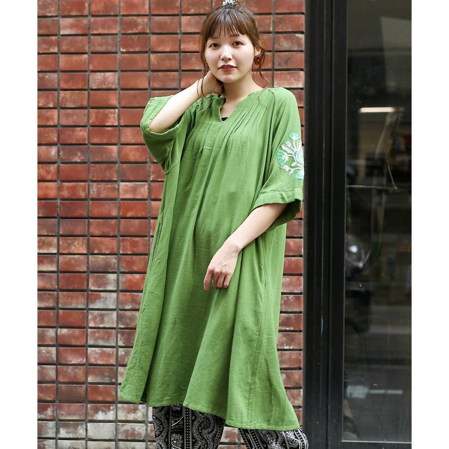 ワンピース レディース 春 夏 半袖 五分袖 折り返し 刺繍 刺しゅう キーネック 麻 リネン 洗濯機で洗える ウォッシャブルレーヨン麻ワンピース Lscbb078 チチカカ Paypayモール店 通販 Paypayモール