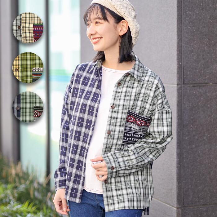 シャツ ブラウス 羽織り はおり トップス レディース 秋 冬 長袖 アシンメトリー ミックス チェック柄 胸ポケット ブロッキングチェックシャツ Lsjca008 チチカカ Paypayモール店 通販 Paypayモール